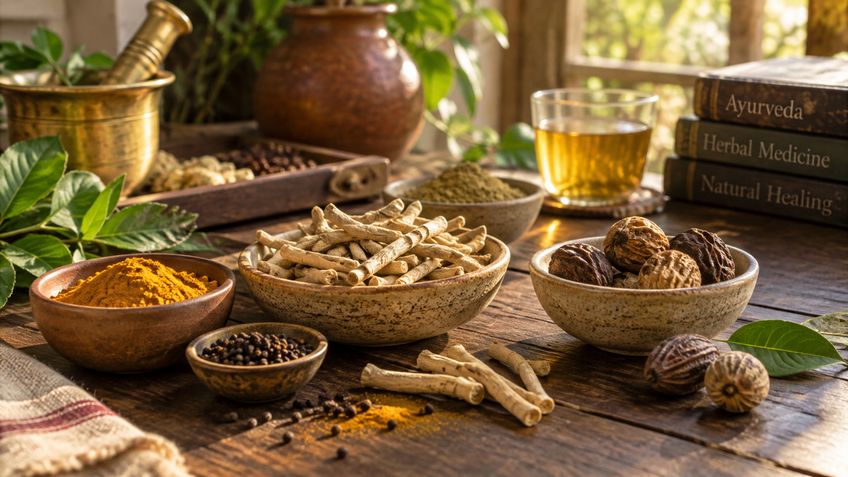 Ayurvedische Heilkräuter Ashwagandha und Triphala in Schalen auf Holzgrund