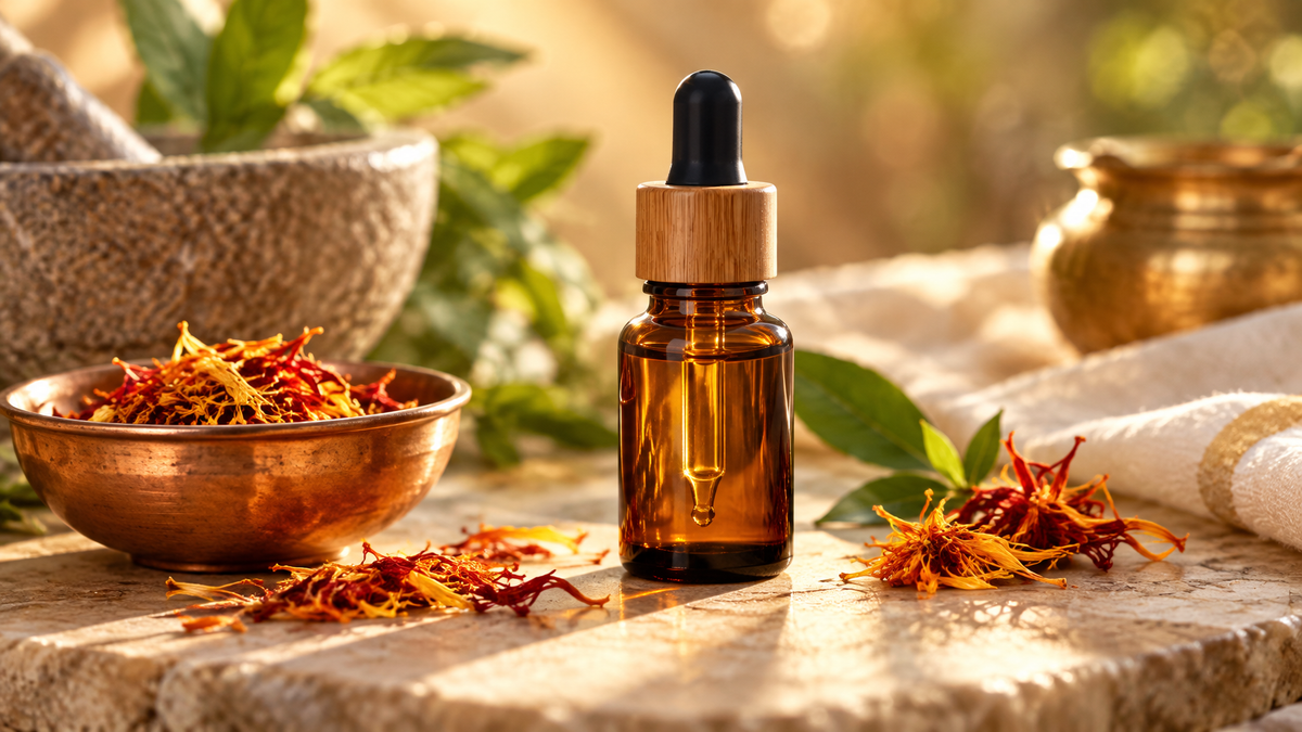 Ayurvedisches Nasenöl in Pipettenflasche auf Naturstein mit Kupfergefäß für Dinacharya Morgenroutine und Schleimhautpflege