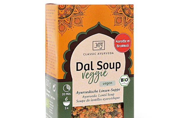 Orange und grüne box klassische ayurveda dal soup veggie mit mandala muster vegan und bio im rezept dal soup veggie