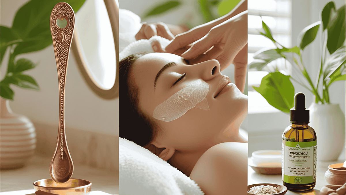 Kupferfarbener, kunstvoll strukturierter kerzenlöscher mit grünem edelstein für ayurvedische morgenrituale dinacharya routine