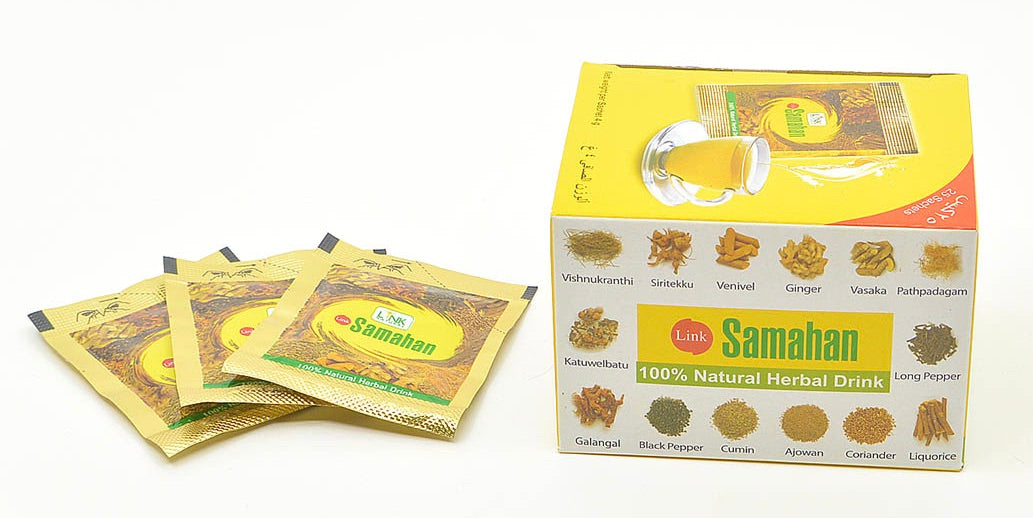 Gelb-grün verpackte ayurvedischer samahan tee packets und box mit 100 prozent natürlichem herbal drink im mana shop