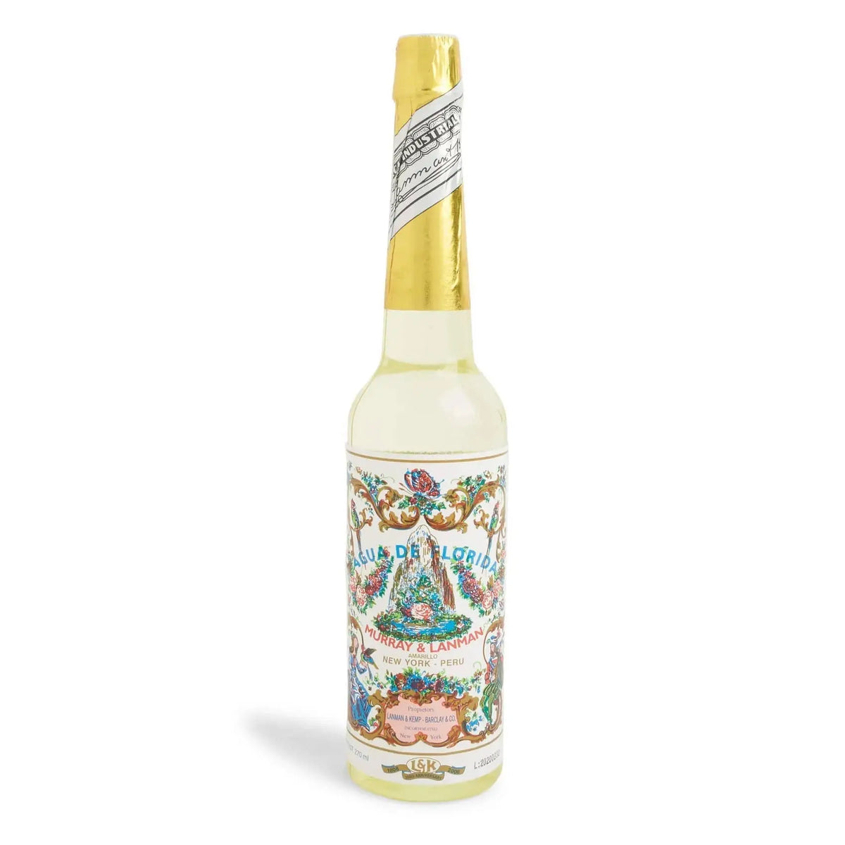 Ein vintage-style flakon agua de florida cologne mit goldfolie kappe und bunter blumenetikett zur traditionellen verwendung in der schamanik südamerikas