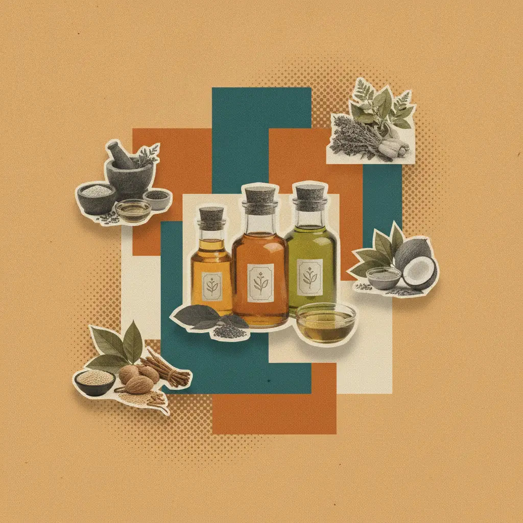 Drei glasflaschen mit ayurvedischen ölen in goldbernstein, orange und grün zur dosha bestimmen im mana shop midgard kalari