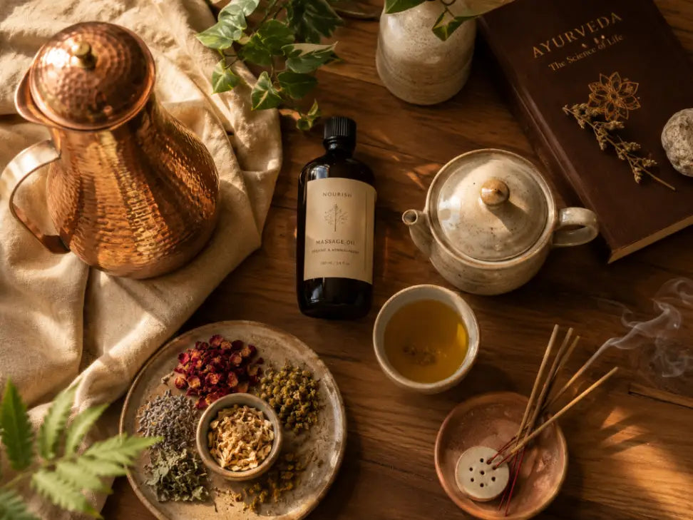 Ein dunkles glasfläschchen mit pitta körperöl von paavani ayurveda mit schwarzem verschluss und beige etikett