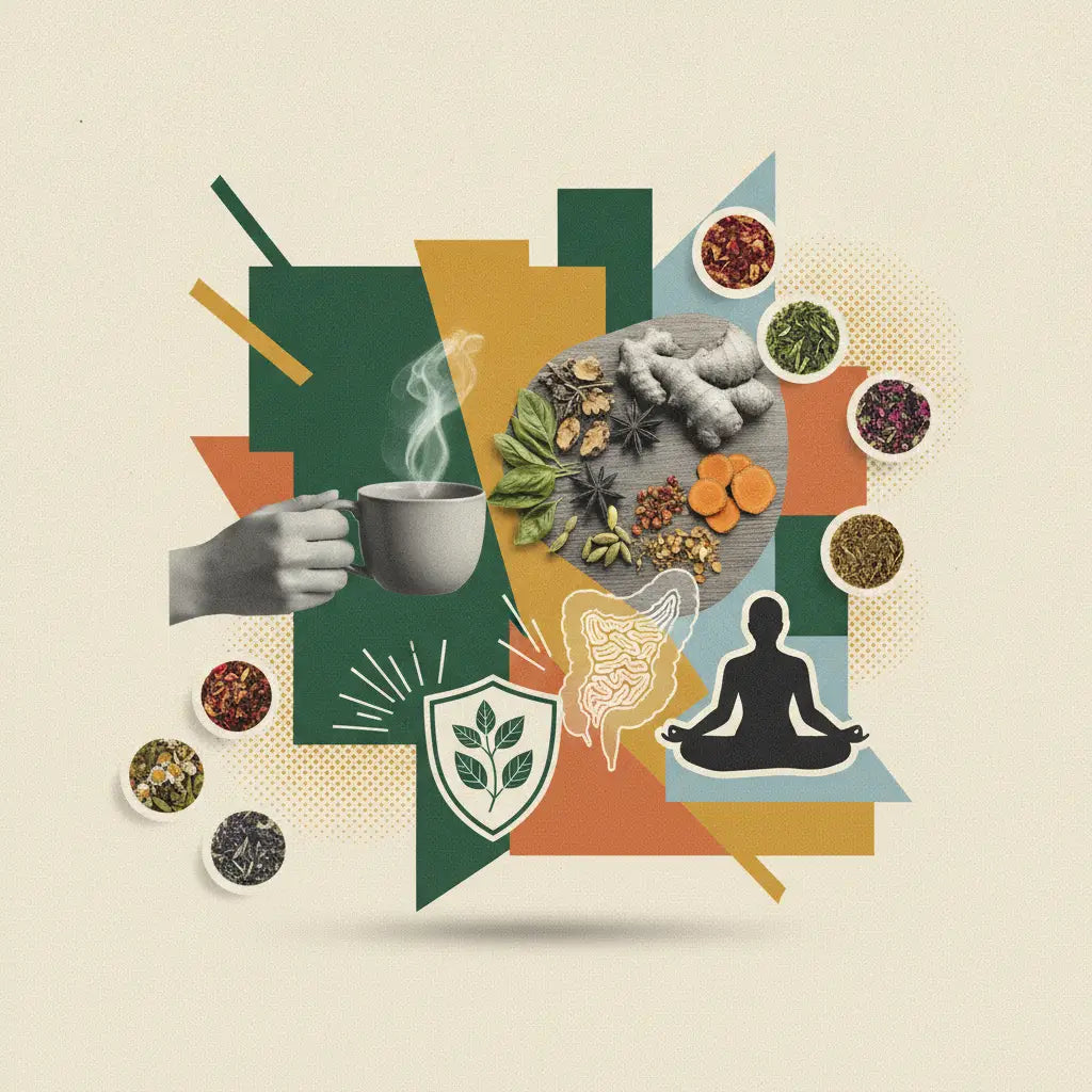 Ein weißer keramikbecher mit ayurvedischem tee vata tee bio gehalten von hand umgeben von wirkenden kräutern