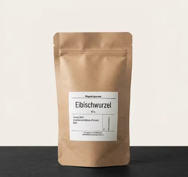 Eine braune wiederverschließbare pouch mit eibischwurzel pulver von midsands ayurveda für eibisch marshmallow wirkung und eibischtee richtig zubereiten