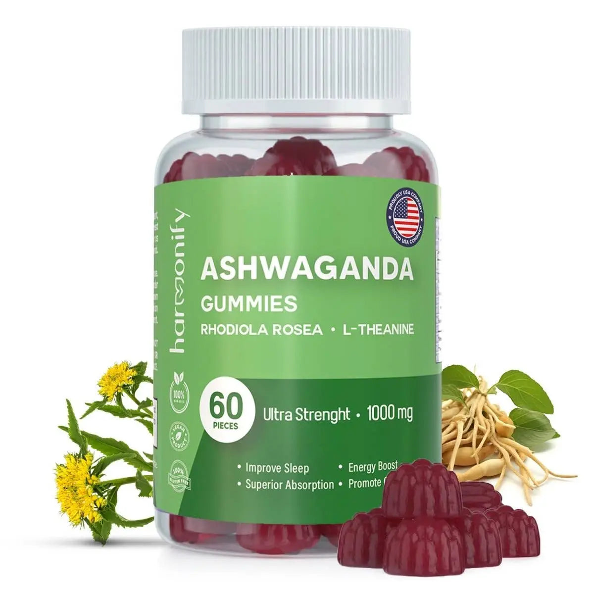 Eine klare plastikflasche mit weißen verschluss enthält 60 dunkelrote harmonify ashwaganda gummies für fadogia agrestis tongkat und eurycoma longifolia nutzung