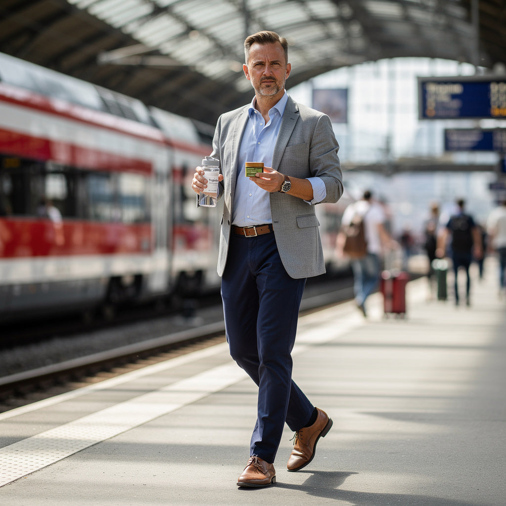 Ein mann in grauem blazer und marinehose spaziert mit wasserflasche am bahnhof triphala wirkung verdauung fördern