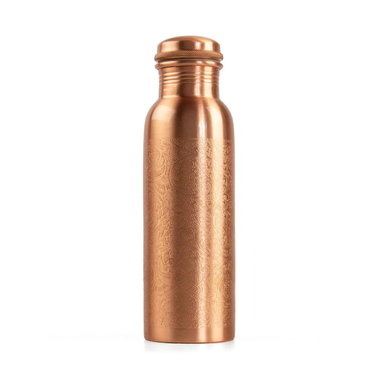 Eine kupferflasche mit antimikrobiellen eigenschaften und floralem muster als ayurvedische trinkflasche typ