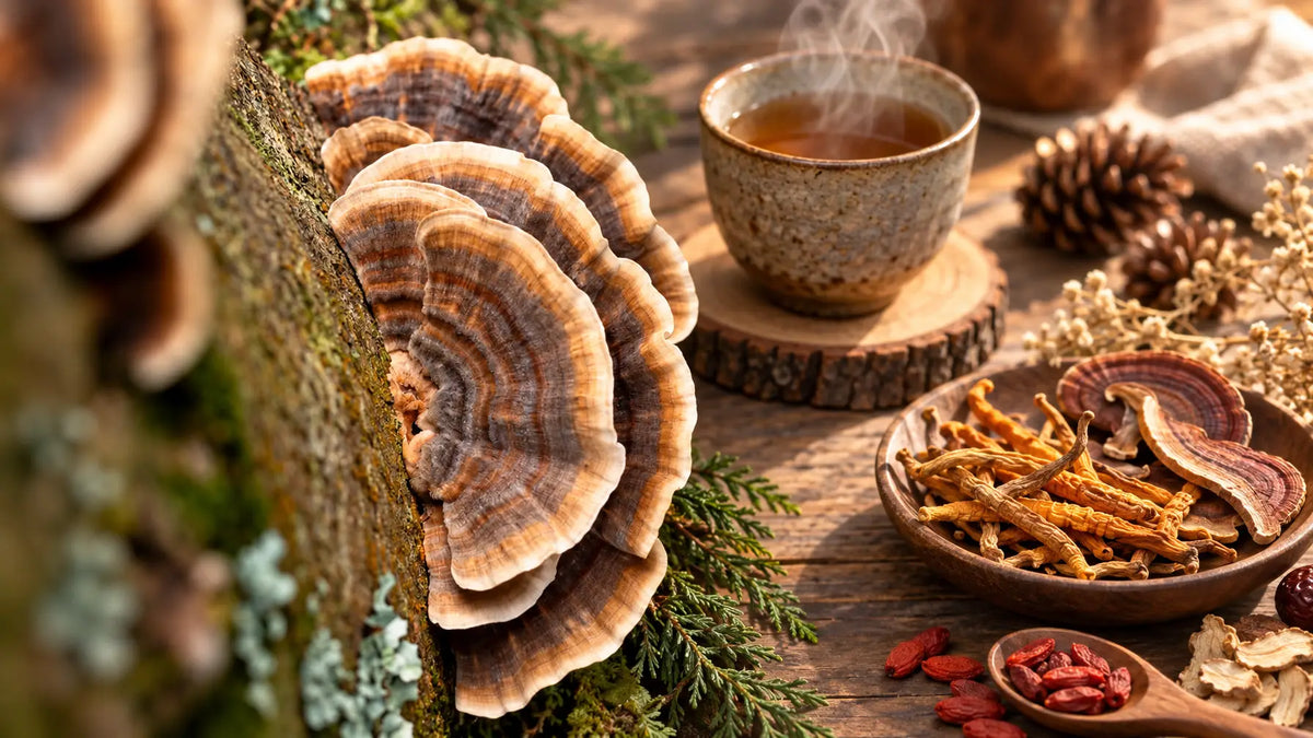 Layered chanterelle mushrooms on mossy tree trunk illustrating natural habitat for reishi cordyceps winter anwendung