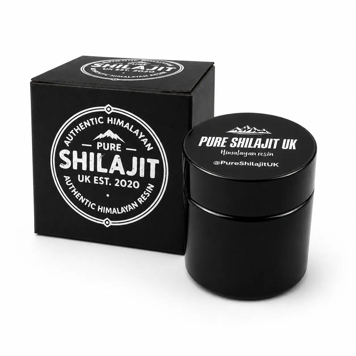Schwarzes zylindrisches jar mit purem himalayischen shilajit uk harz und passendem deckel neben markenbox zur männlichen vitalität