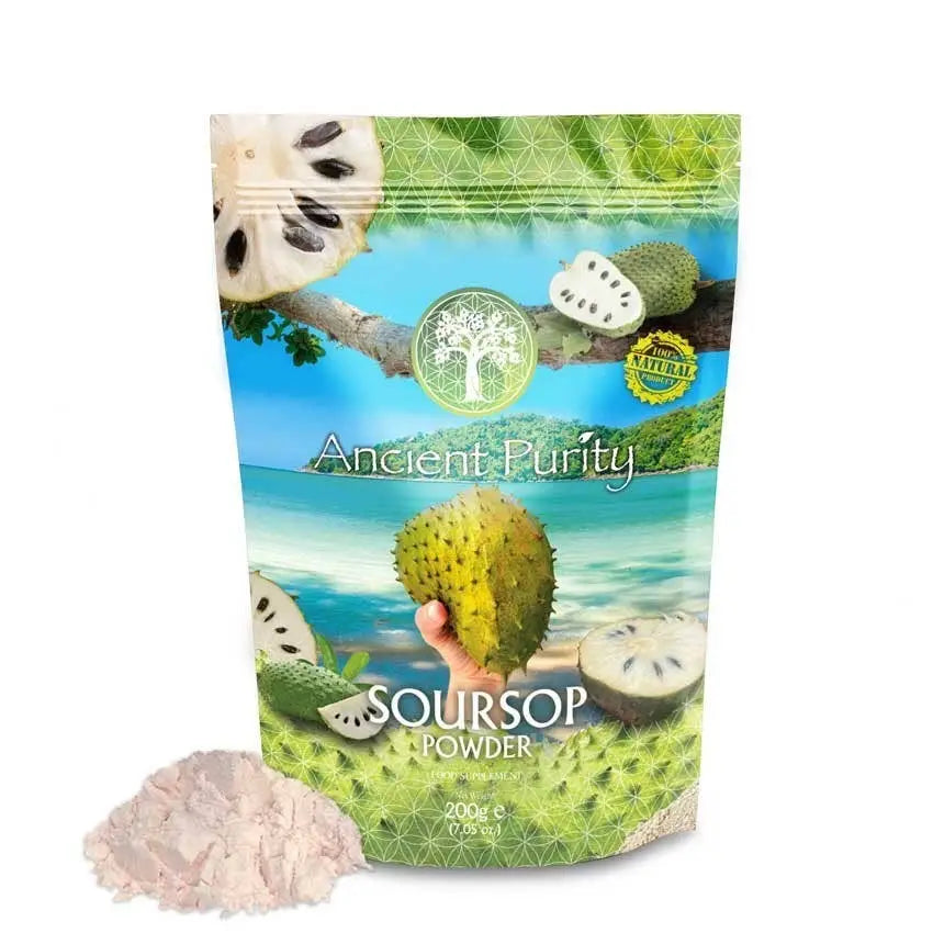 Vibrante grüne und blaue pouch annona muricata pulver mit tropischem strandmotiv passend zur volksmedizinische tradition und forschung zeigt