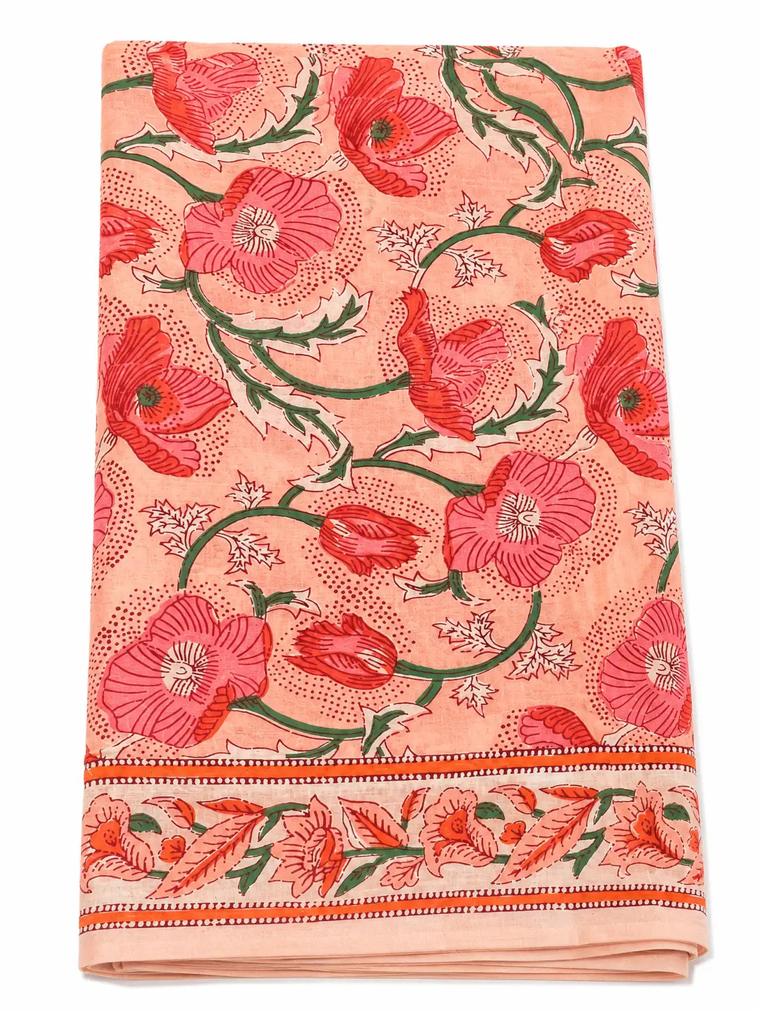 Ein weicher, pfirsichfarbener baumwollschal mit rotem mohnblumenmuster und oranger bordüre für tantra zubehör und achtsame praxis