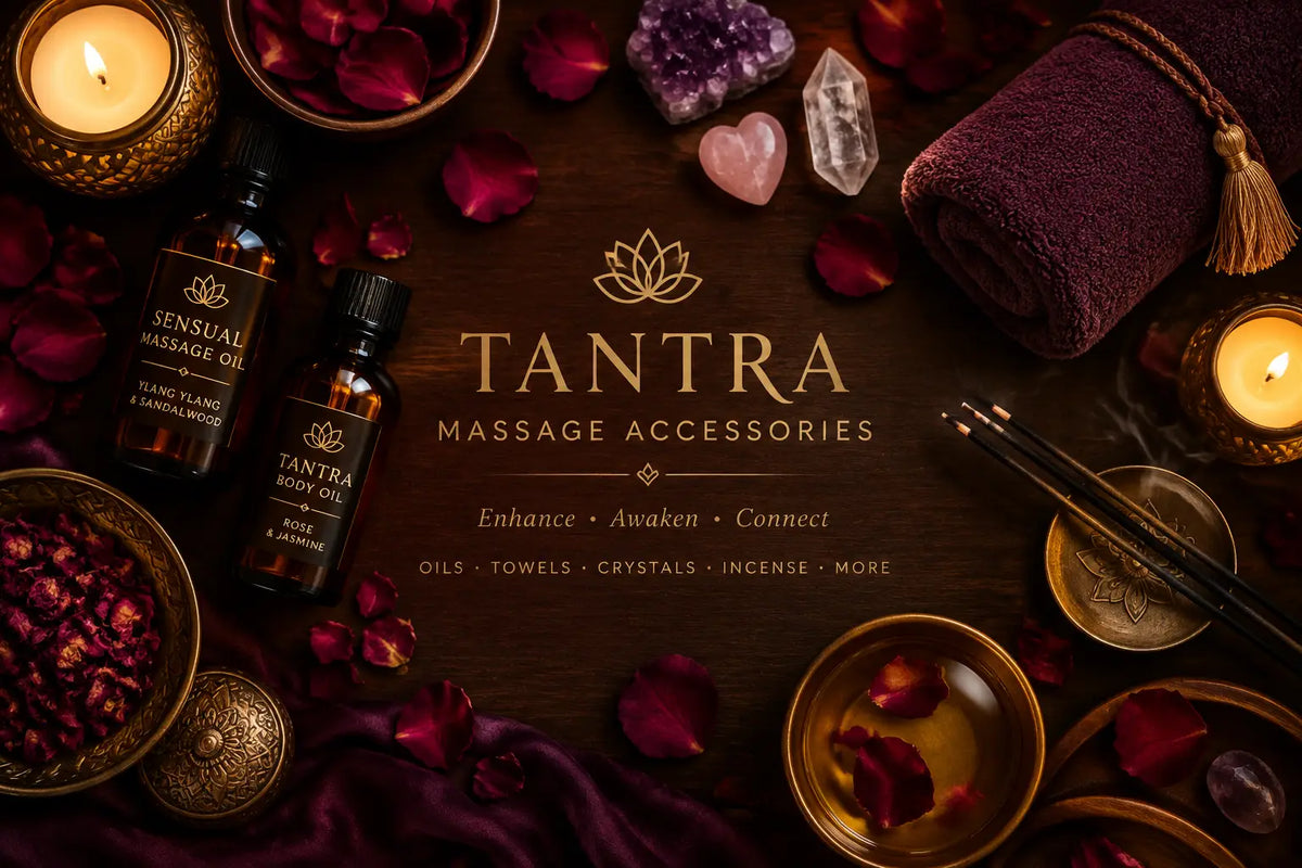 Zwei dunkle bernsteinfarbene glasflaschen mit schwarzem deckel und gold logo tantra massageöl und tantra körperöl bei mana shop tantra zubehör