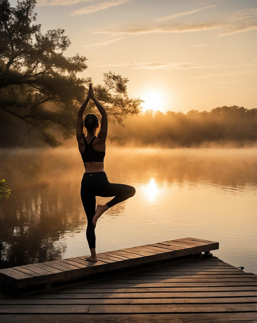 Eine frau in schwarzer sportbekleidung übt yoga auf einem holzsteg als ayurveda rituale gegen stress und angst