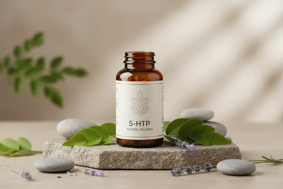 Braune glasflasche mit weißem etikett 5-htp für serotonin schlaf stimmung natürliche wellness und blattdesign