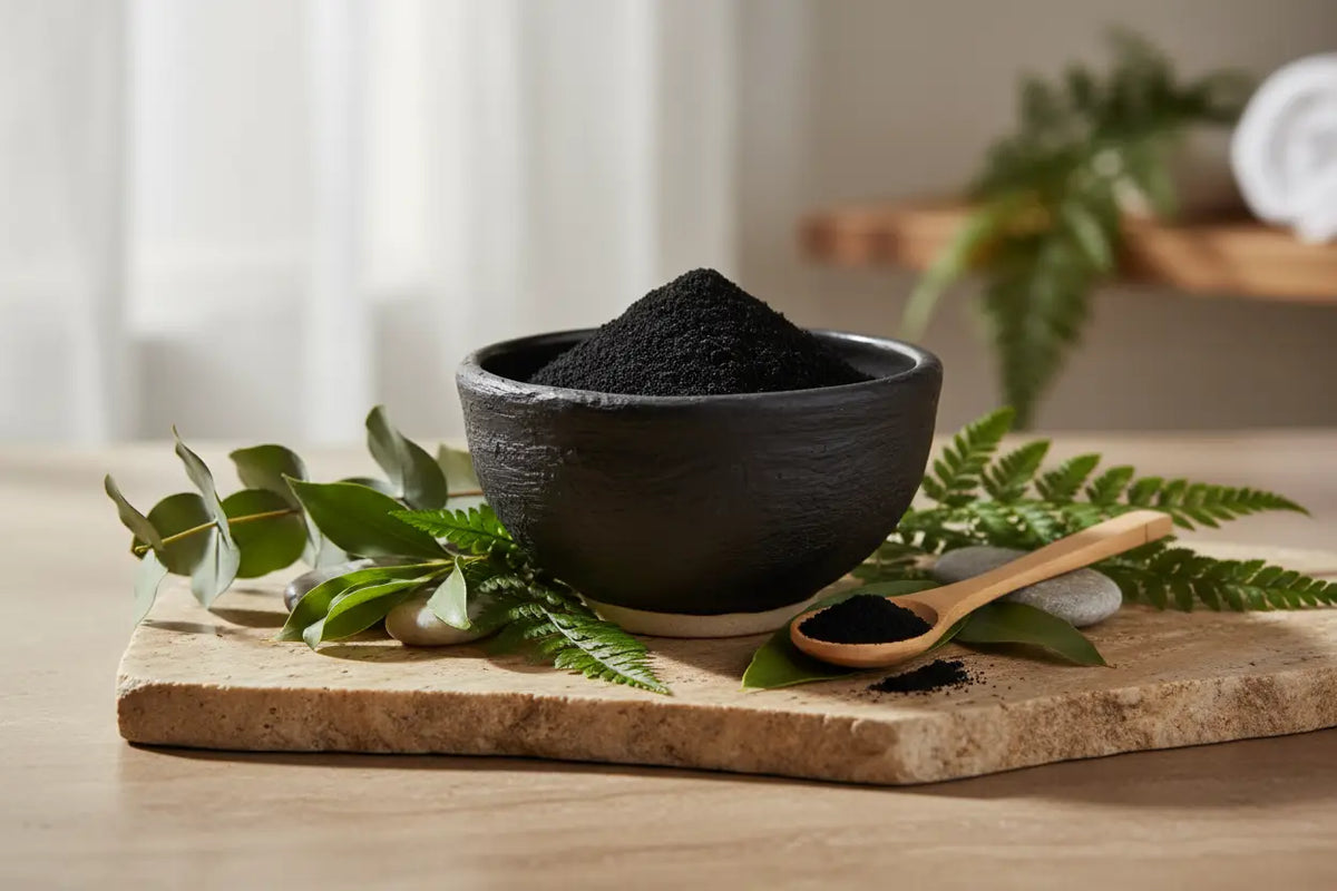 Schwarzes aktivkohle pulver in rustikalem keramikschälchen mit grünem laub und holzlöffel für natürliche reinigung mana shop