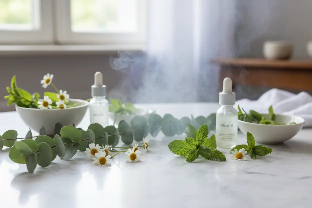 Zwei klare glas-tropfflaschen mit weißen kapseln auf marmor mit eukalyptus und kamille zur unterstützung allergien atemwege
