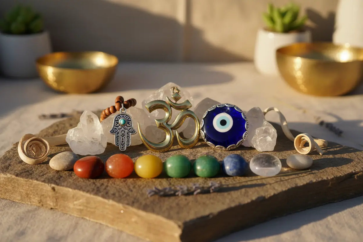 Goldene om symbol anhänger mit detaillierter gravur und grünem edelstein als spiritueller begleiter zur energetischen abgrenzung
