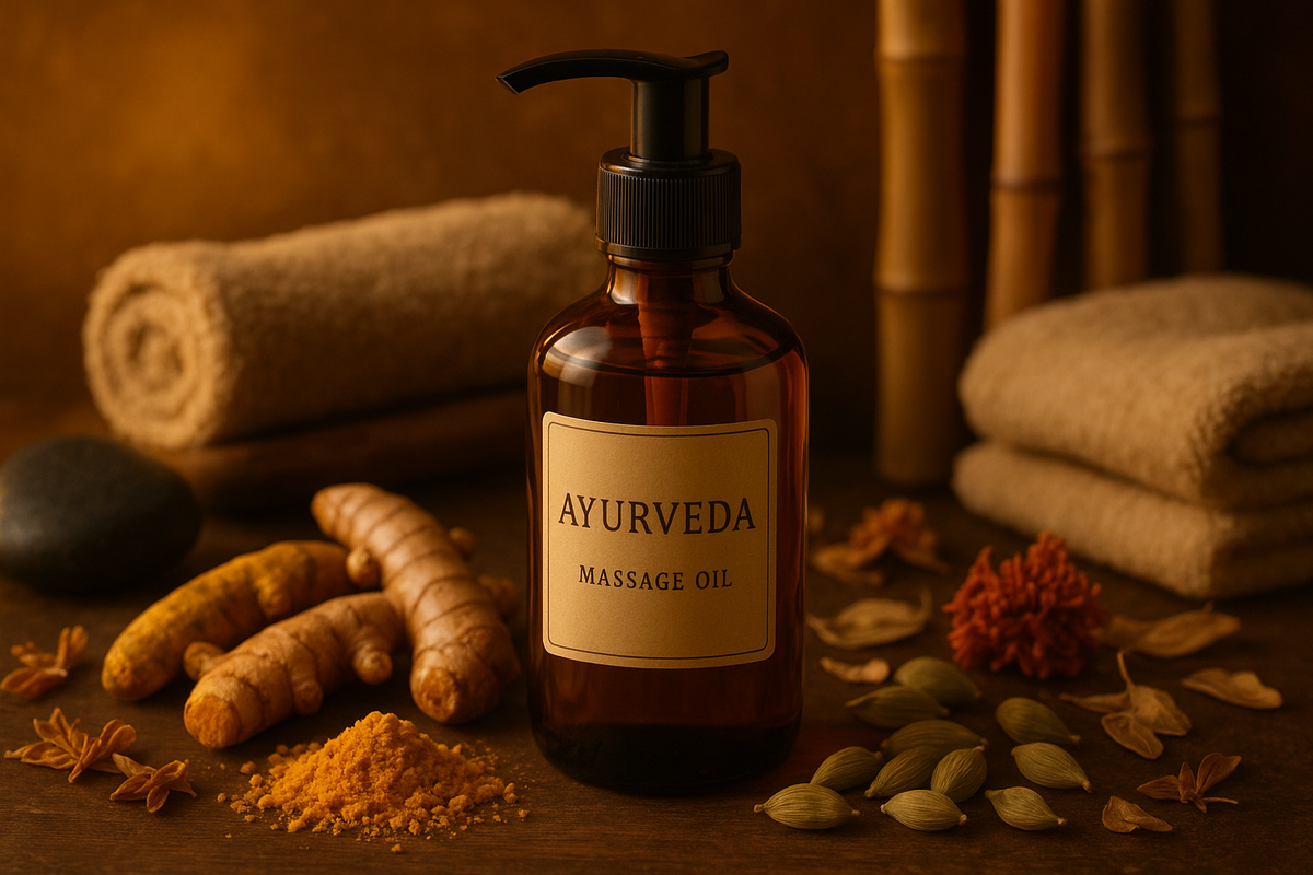Amber glasflasche mit schwarzem pumpenspender ayurveda massageöl bio für natürliche massage und hautpflege