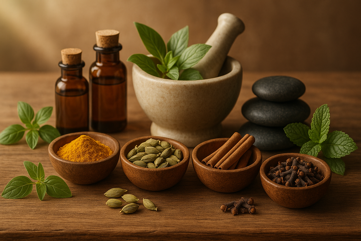 Ein beiger steinmörser mit passstem stößel und frischen grünen blättern hochwertige ayurveda produkte