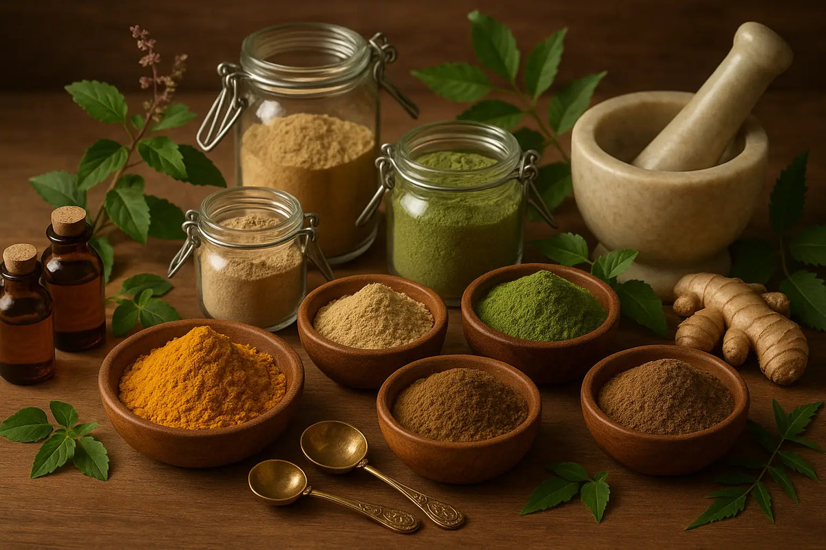 Eine rustikale holztisch mit hochwertigen ayurvedische präparate in bunten gewürzgläsern und einem steinmörser