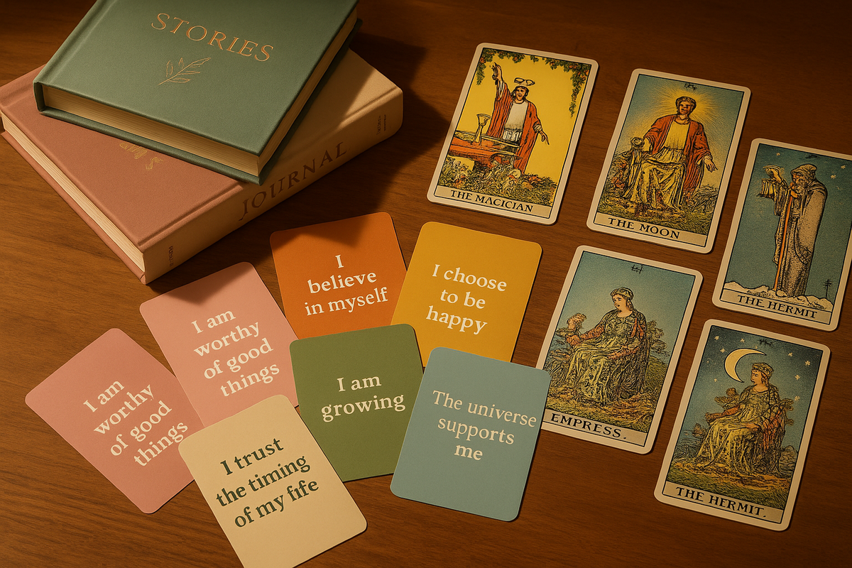 Bunte affirmationskarten mit inspirierenden sprüchen und tarotkarten wie der zauberer im set bücher affirmationskarten tarotkarten