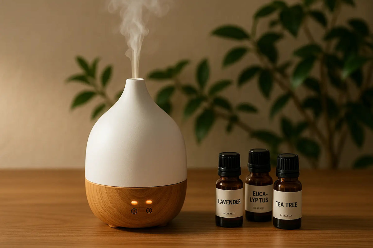 Weißer und holzmaserung ätherische öl-diffuser mit sanftem nebel aus der kollektion diffuser ätherische öle im mana shop bern ostermundigen