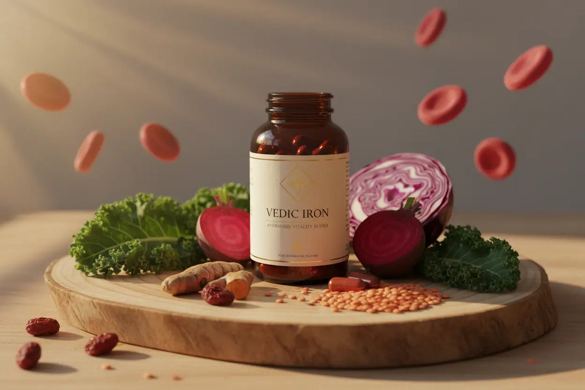 Braune glasflasche vedic iron mit cremefarbenem etikett und roten eisenpräparaten für vitalität von mana shop