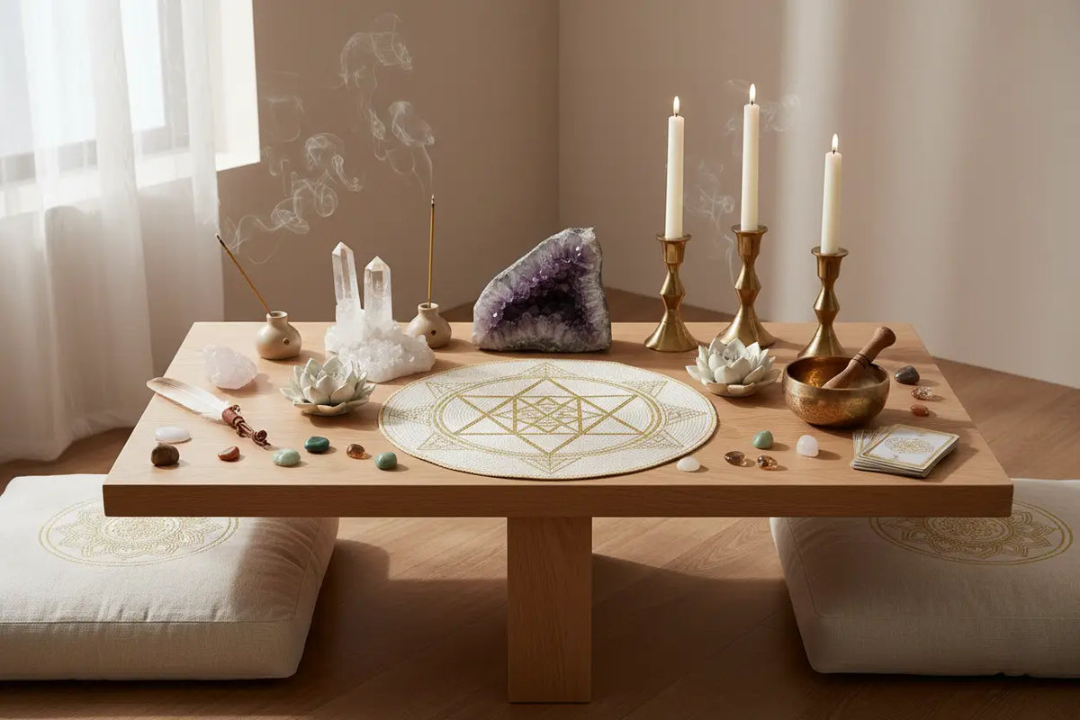 Eine weiße runde matte mit goldenem geometrischem design als esoterische deko altarausstattung auf holztisch