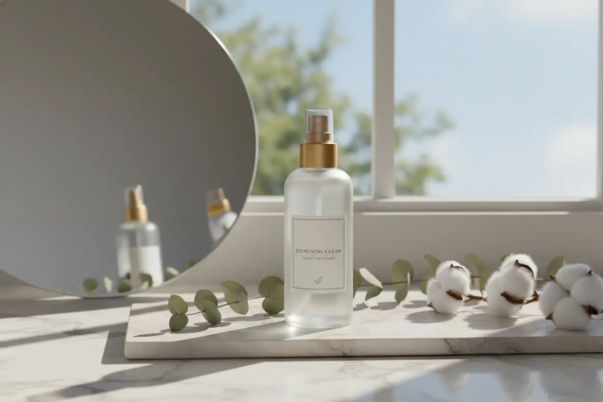 Klare cosmeau glas-sprühflasche mit goldfarbener düse und etikett essential clean für natürliche glas- reinigung
