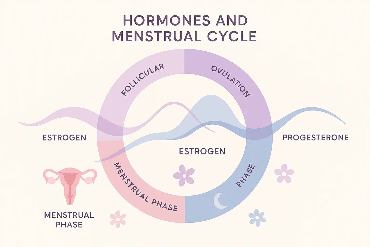 Ein weiches pastellfarbenes infographic zeigt hormonelle änderungen im menstruationszyklus für natürliche hormonbalance bei mana shop