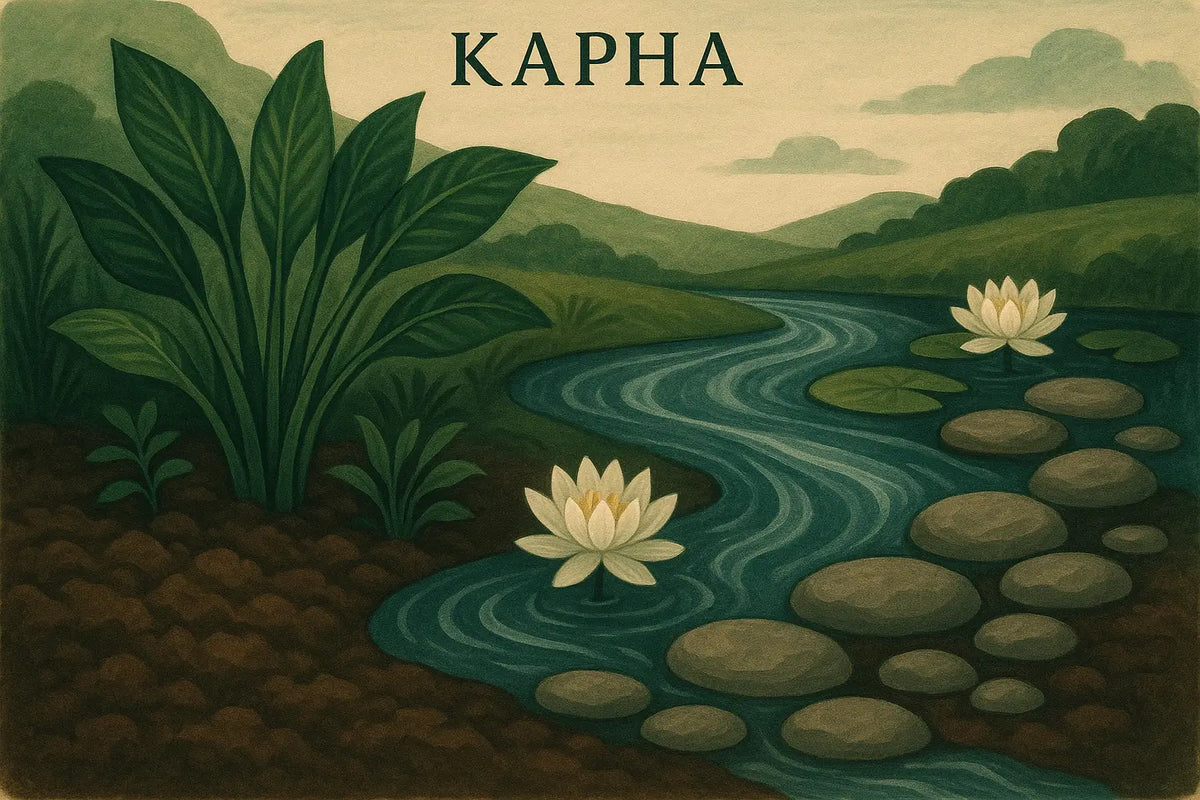 Eine ruhige kapha dosha illustration zeigt einen geschwungenen fluss mit weißen seerosen und glatten steinen