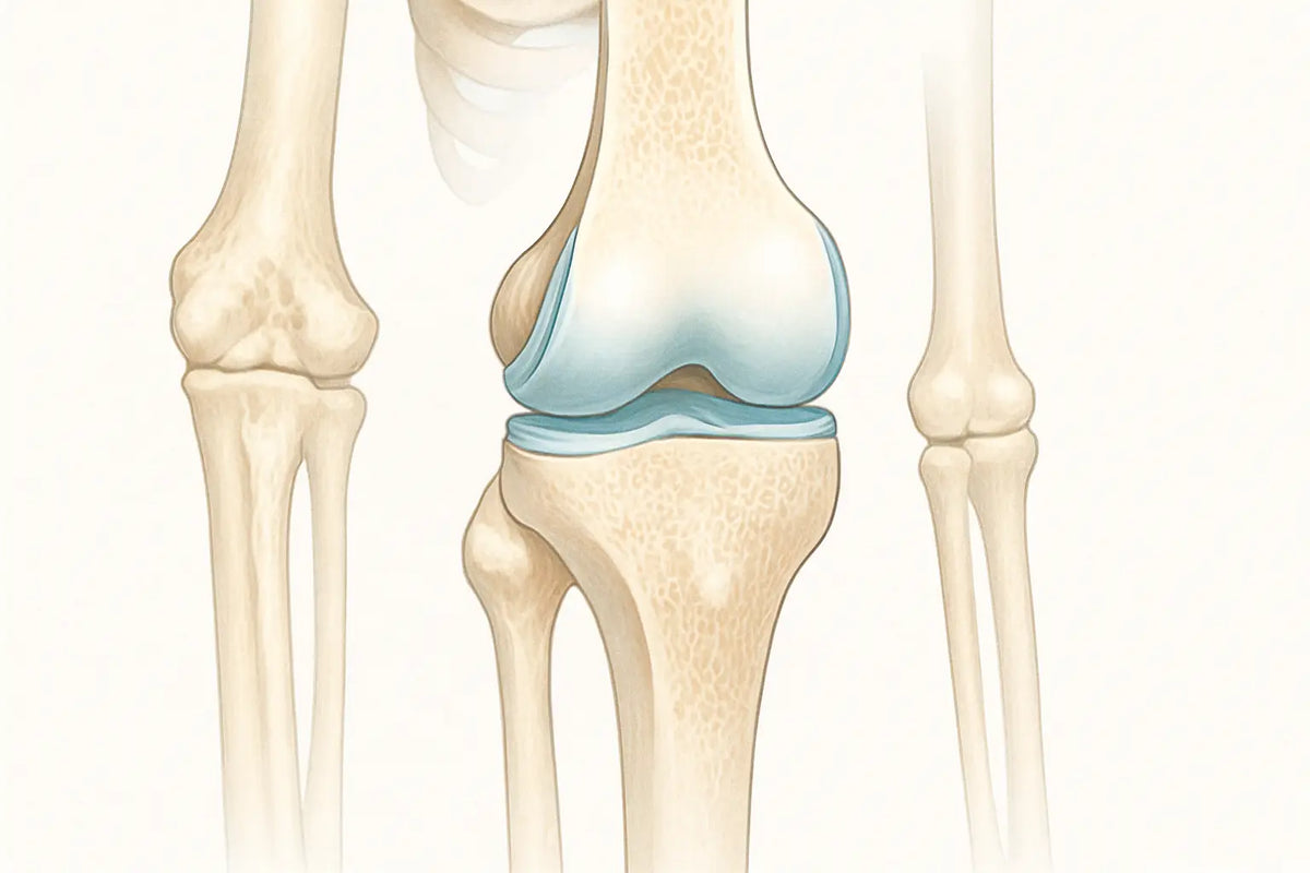 Anatomische darstellung eines menschlichen kniegelenks mit hellblau hervorgehobener knorpelzone für hochwertige nahrungsergänzung