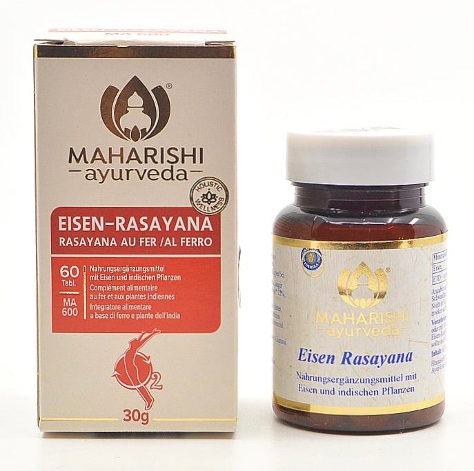 Maharishi ayurveda eisen-rasayana hochwertiges ayurvedisches supplement in braunem glas mit weißem verschluss und goldfolie im mana shop