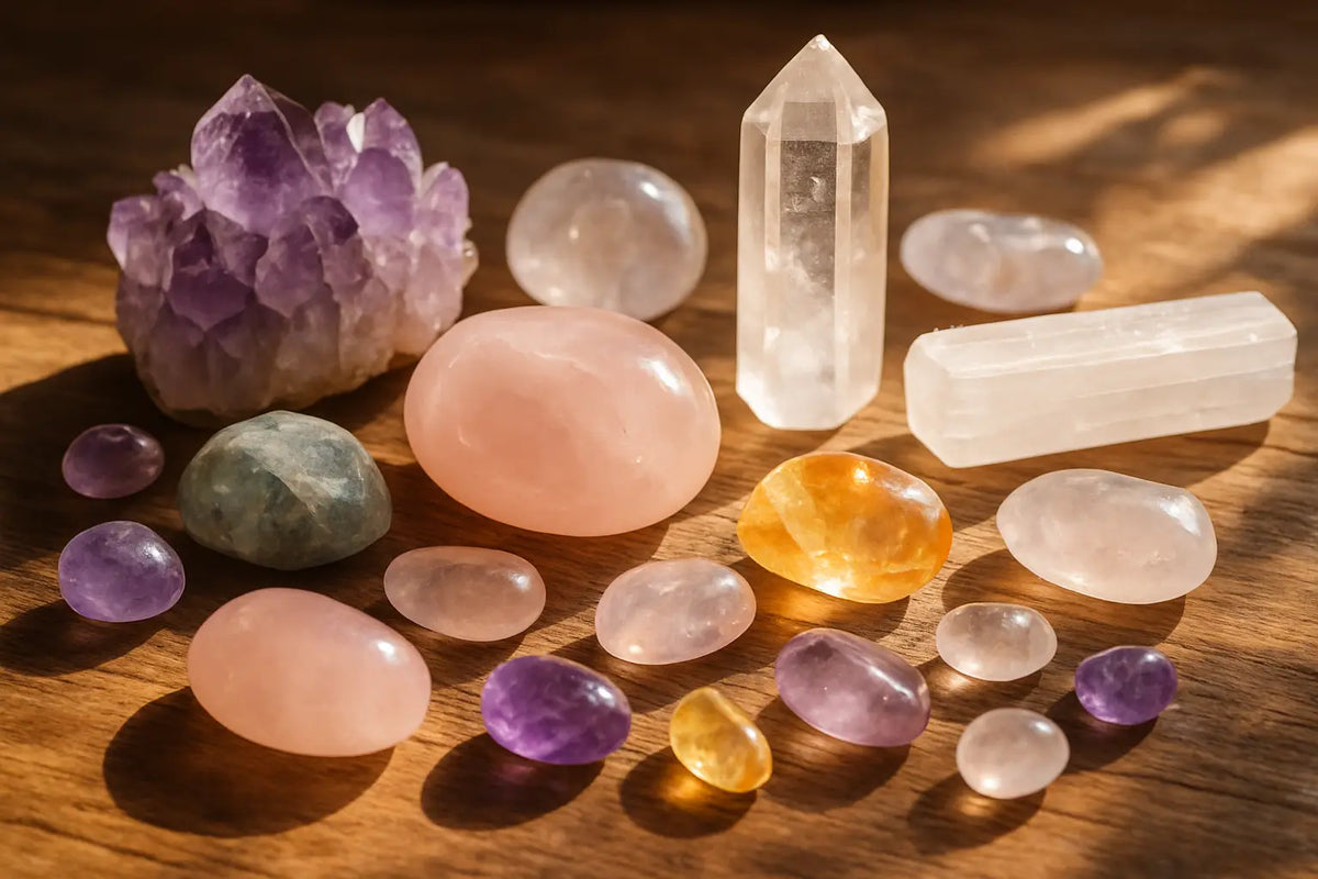 Eine sammlung polierter edelstein kristalle in verschiedenen farben und formen wie amethyst, rosenquarz und citrin.