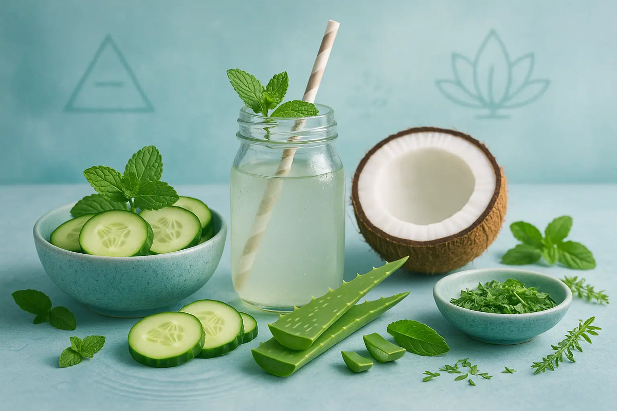 Klarer glas mason jar mit hellgrünem, kühlendem ayurveda getränk und frischer minze zum pitta-senken