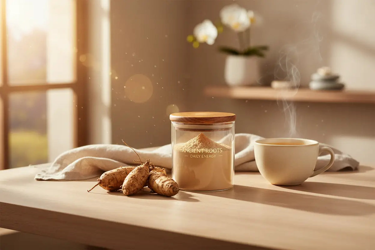 Ein klarer glastiegel mit holzdeckel gefüllt mit hellbraunem maca energie hormone pulver zur unterstützung hormonelle balance