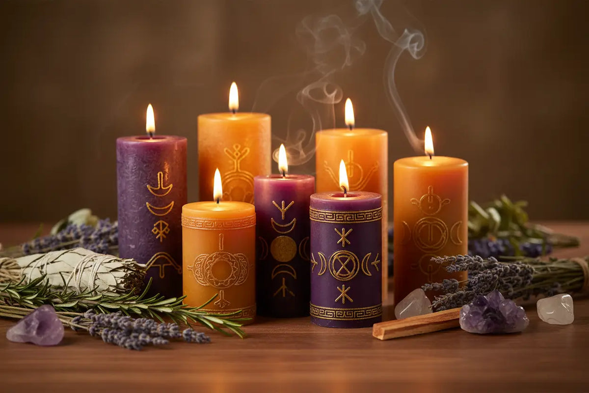 Eine set von sechs magische ritualkerzen in kräftigen lila und orange mit goldprägung und zylindrischer form