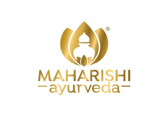 Goldenes lotus-logo mit stilisiertem gefäß und markenname maharishi ayurveda in gold für hochwertige maharishi ayurveda
