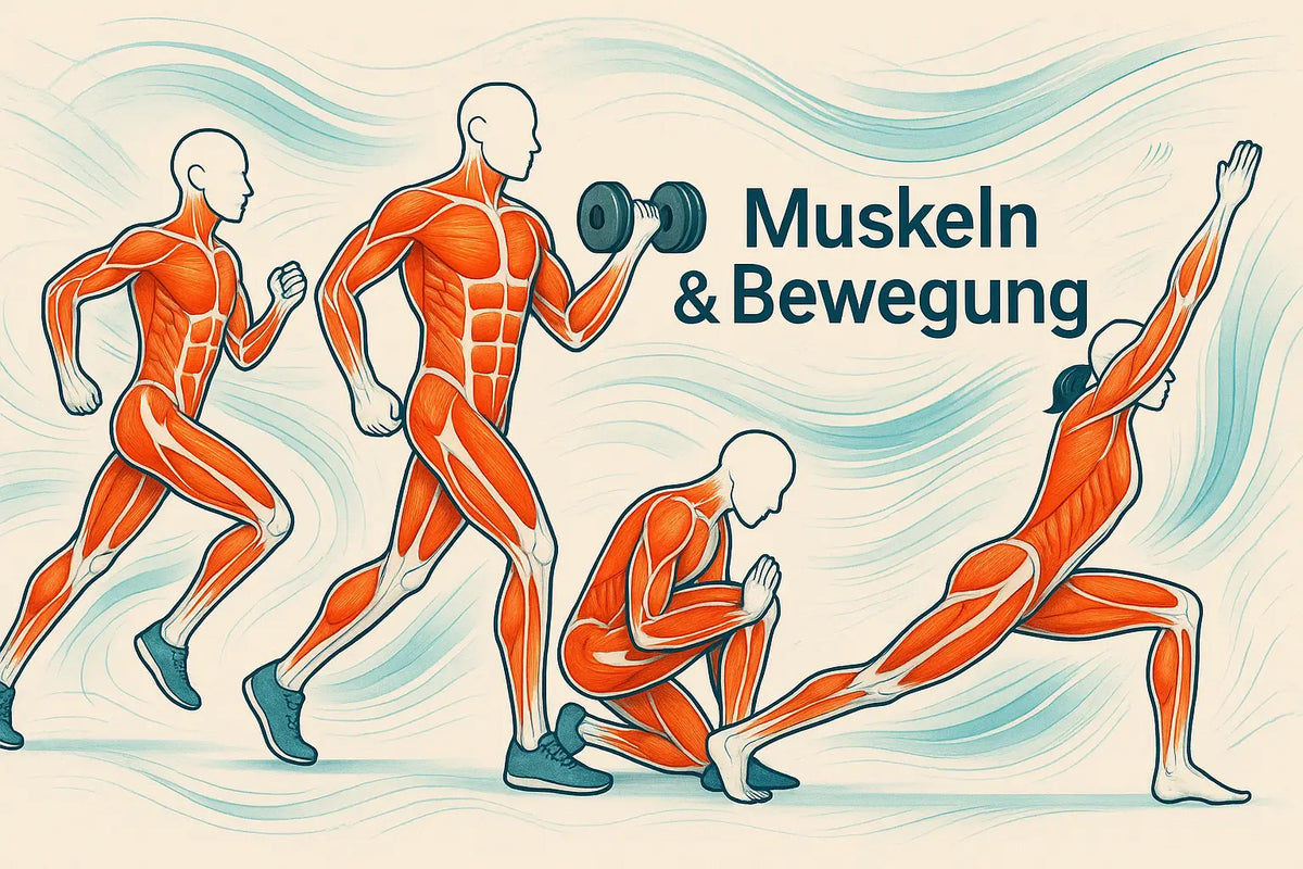 Illustration von vier menschen mit orangen muskeldarstellungen in bewegung beim training und stretching zur förderung von flexibilität und regeneration