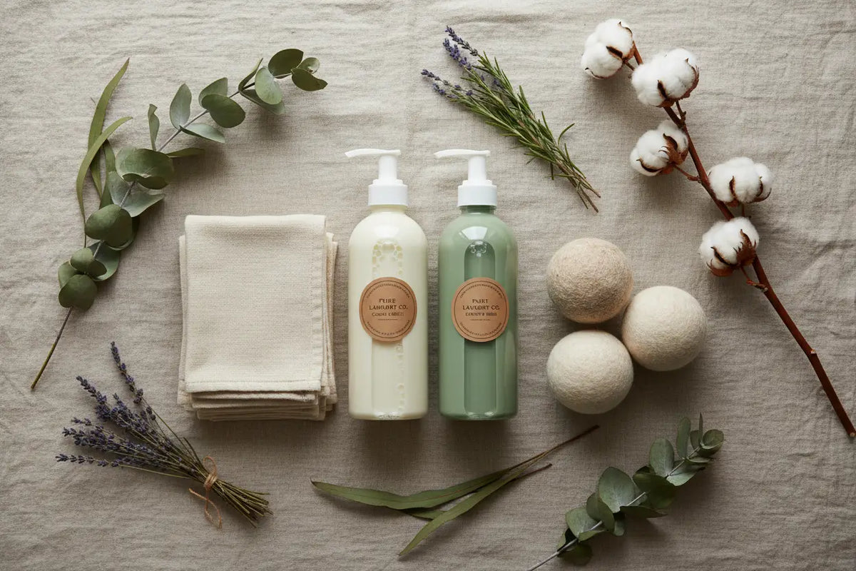 Zwei pumpflaschen von pure laundry co natürliches waschmittel sanft effektiv mit bergamotte-grosso lavendel konzentrat