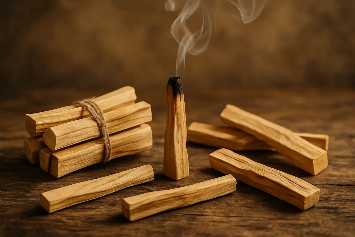 Ein smolderndes palo santo holz mit glühender spitze und rauch, umgeben von gebündelten unbehandelten stäbchen im spirituellen shop bern ostermundigen