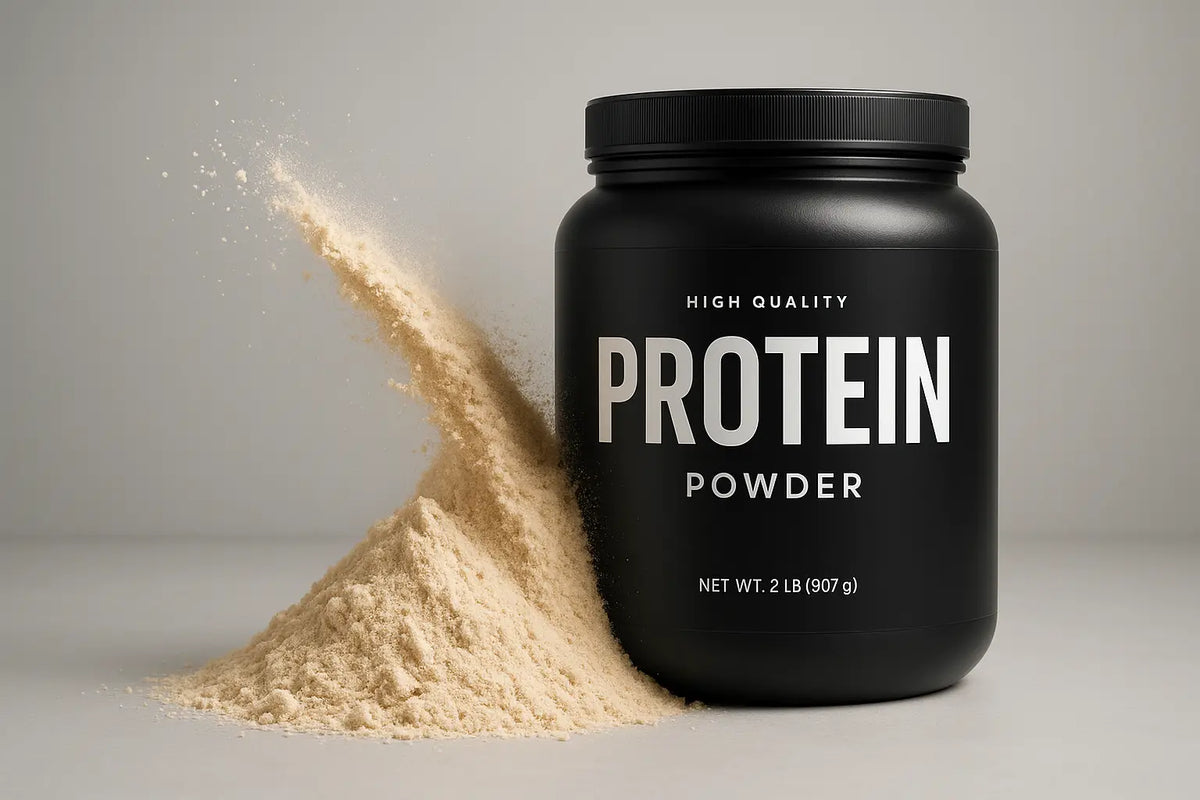 Schwarzer zylinderförmiger proteinpulver container mit schwarzem deckel muskelaufbau regeneration.