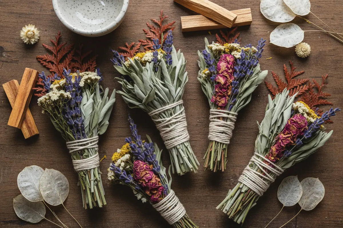 Five hand-tied bundles of dried lavender and sage wrapped with natural twine for räucherbündel smudge energetic cleansing from mana shop