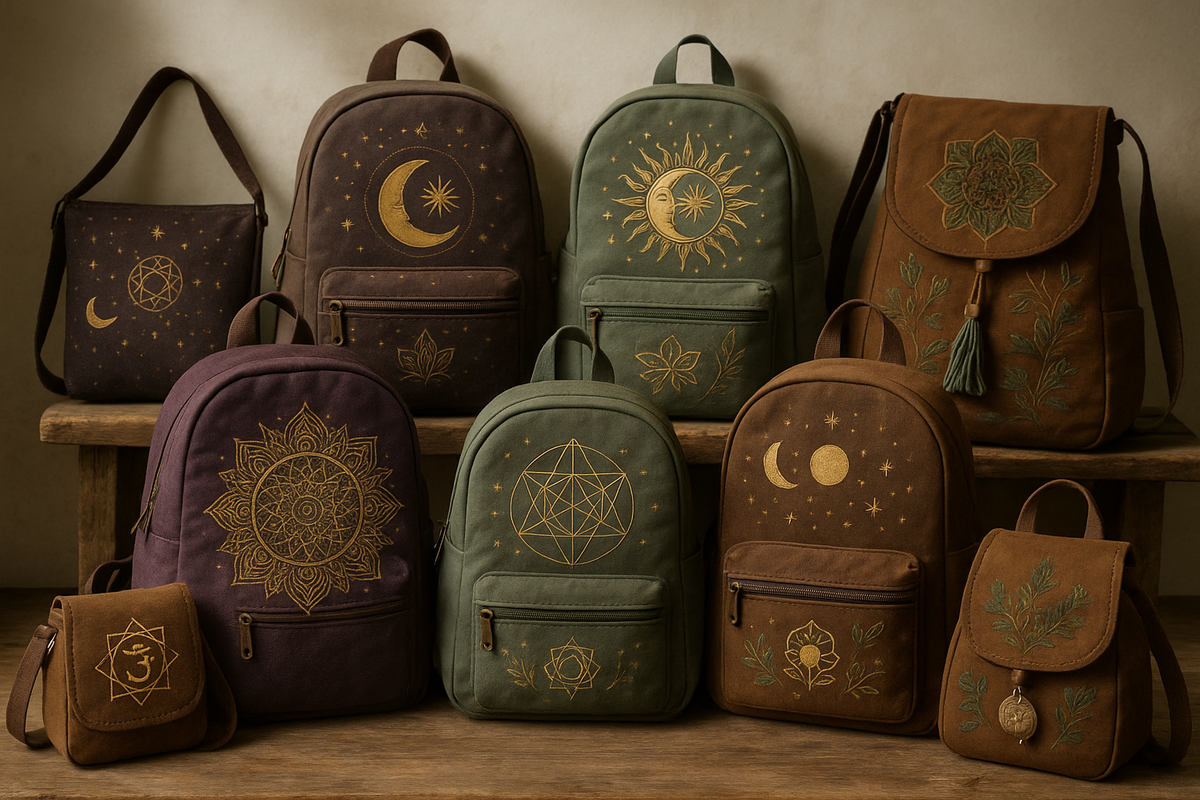 Eine kollektion erdtonfarbener canvas taschen und yoga rucksäcke mit goldenen himmlischen mustern bei mana shop