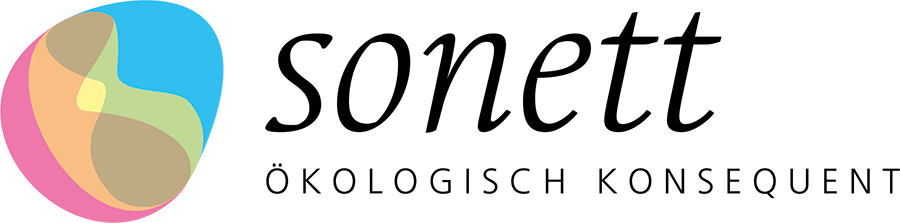 Bunt gestaltetes kugelförmiges logo mit verlauf in pink orange blau und grün aus der sonett umweltfreundliche reinigung kollektion
