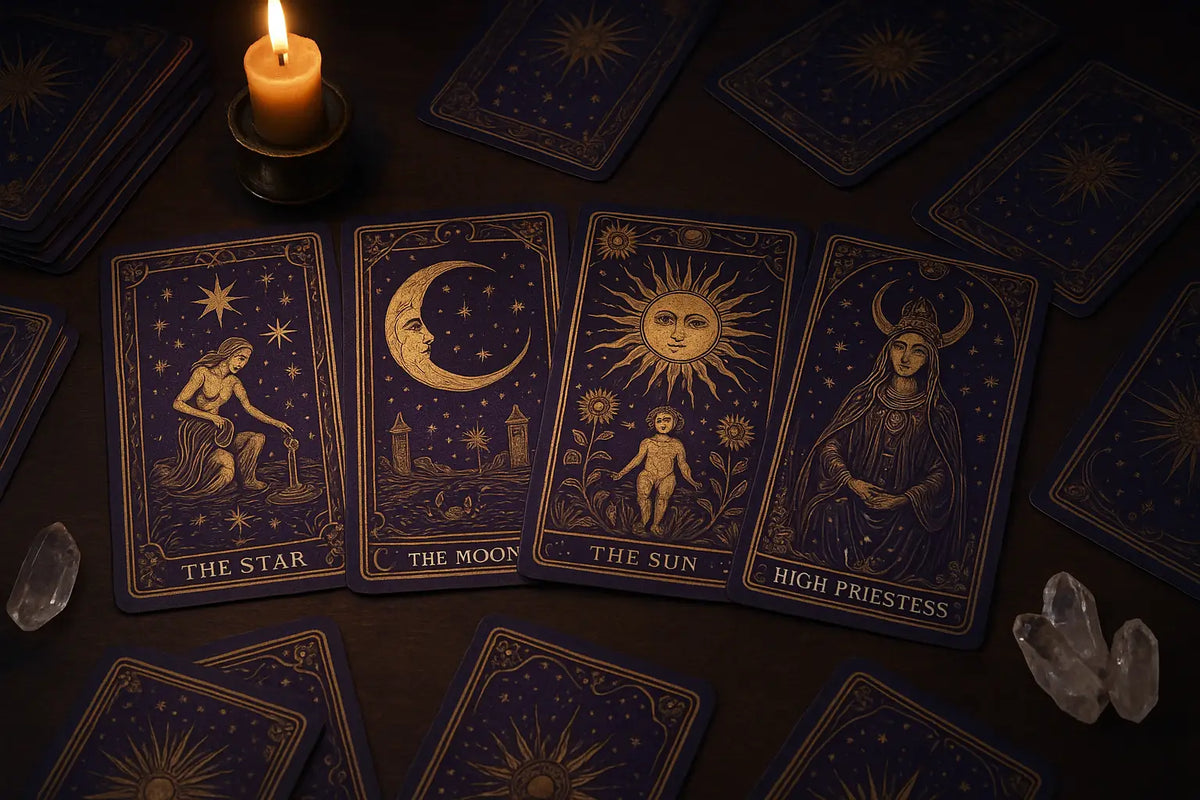 Deep blue tarot karten mit goldenen detaillierten himmlischen motive für spirituelle rituale im mana shop bern