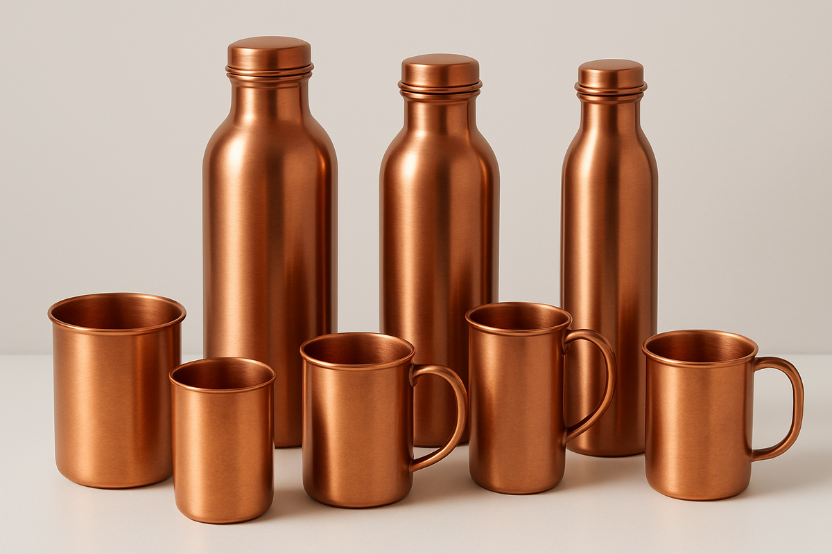 Set kupfer trinkflaschen und tasse aus rostfreiem stahl mit reflektierender oberfläche im mana shop