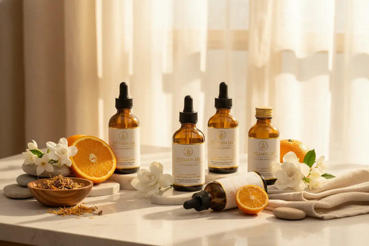 Amber glas dropper flaschen mit schwarzen verschlüssen und vitamin d3 etiketten zur vitamin d3 nahrungsergänzung
